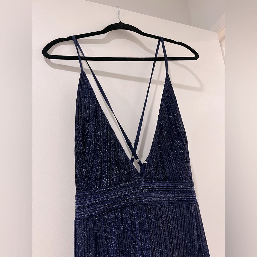 Navy Blue Shimmer, Deep V Maxi Dress.